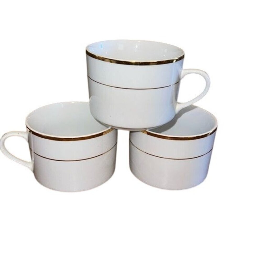 Set Of 3 New Traditions White Porcelain Cups With Gold Trim